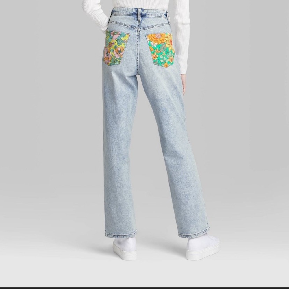 Women’s High Rise Floral Pocket Distressed Dad Jeans - Wild Fable - Size 12